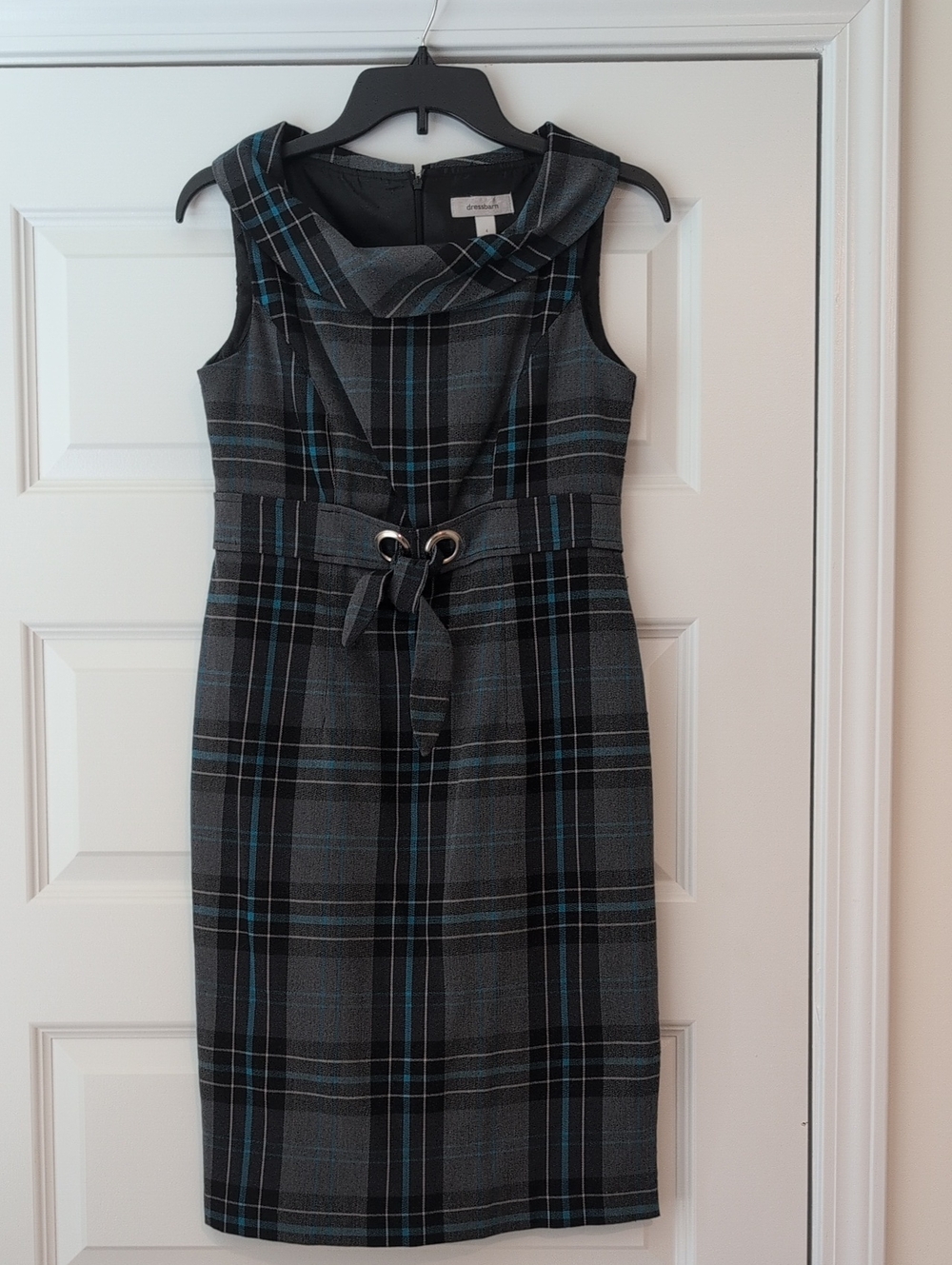 Dress Barn Gray Plaid Midi Dress with Teal Blue Stripes